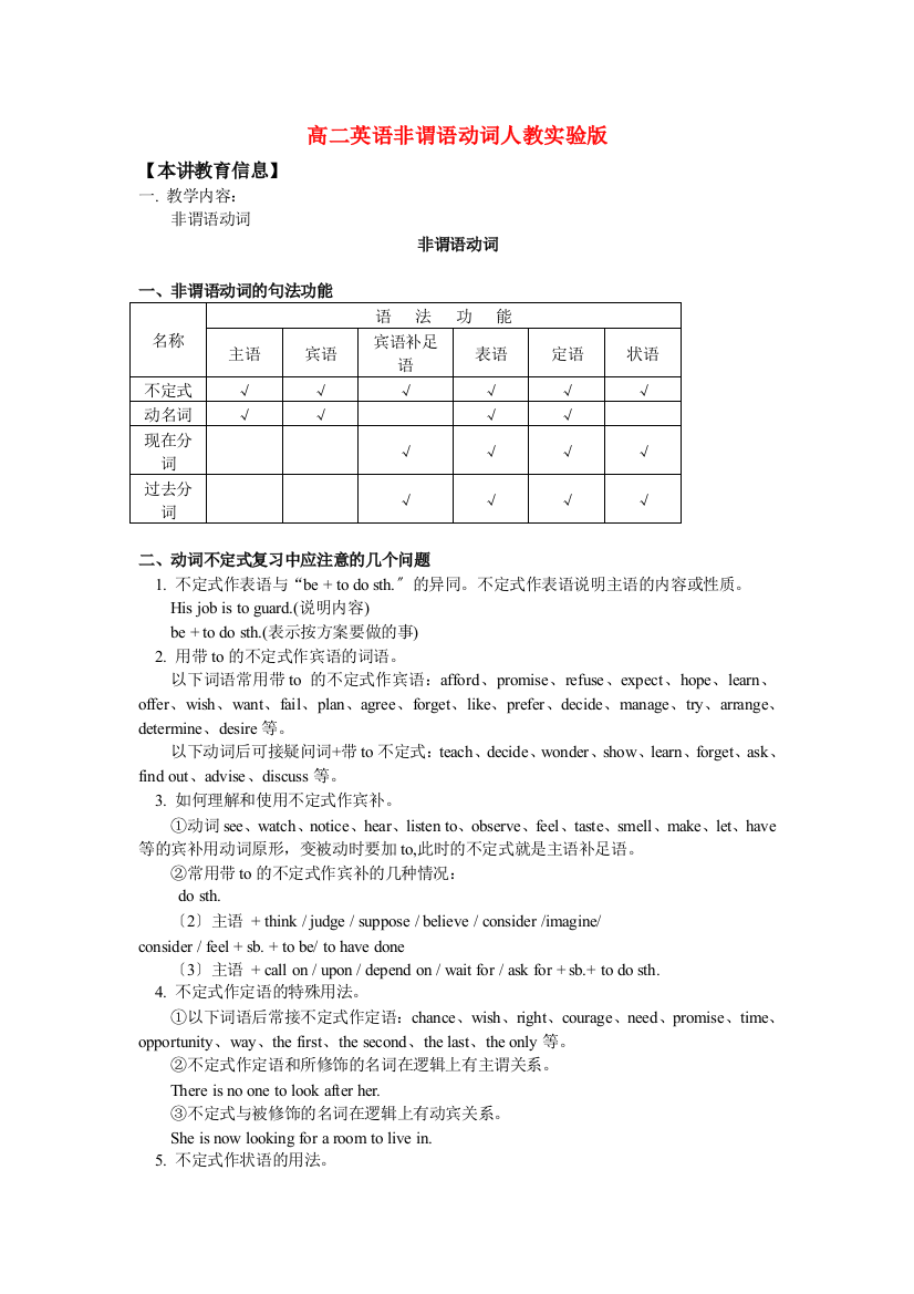 （整理版高中英语）高二英语非谓语动词人教实验