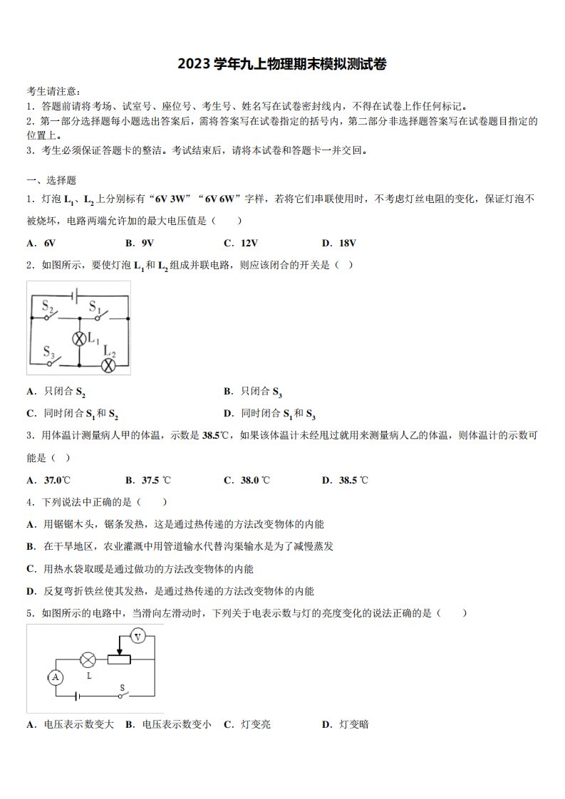 临沂市莒南县物理九年级第一学期期末学业水平测试试题含解析