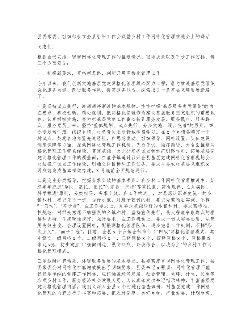 县委常委、组织部长在全县组织工作会议暨乡村工作网格化管理推进会上的讲话