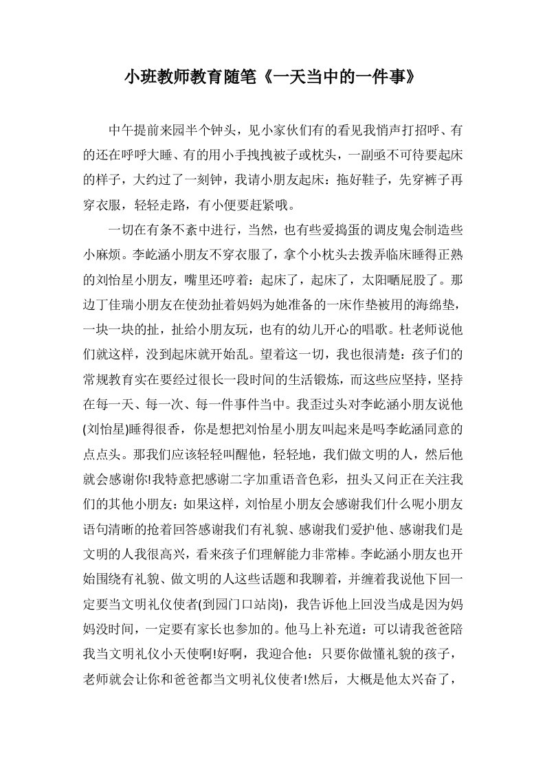 小班教师教育随笔《一天当中的一件事》