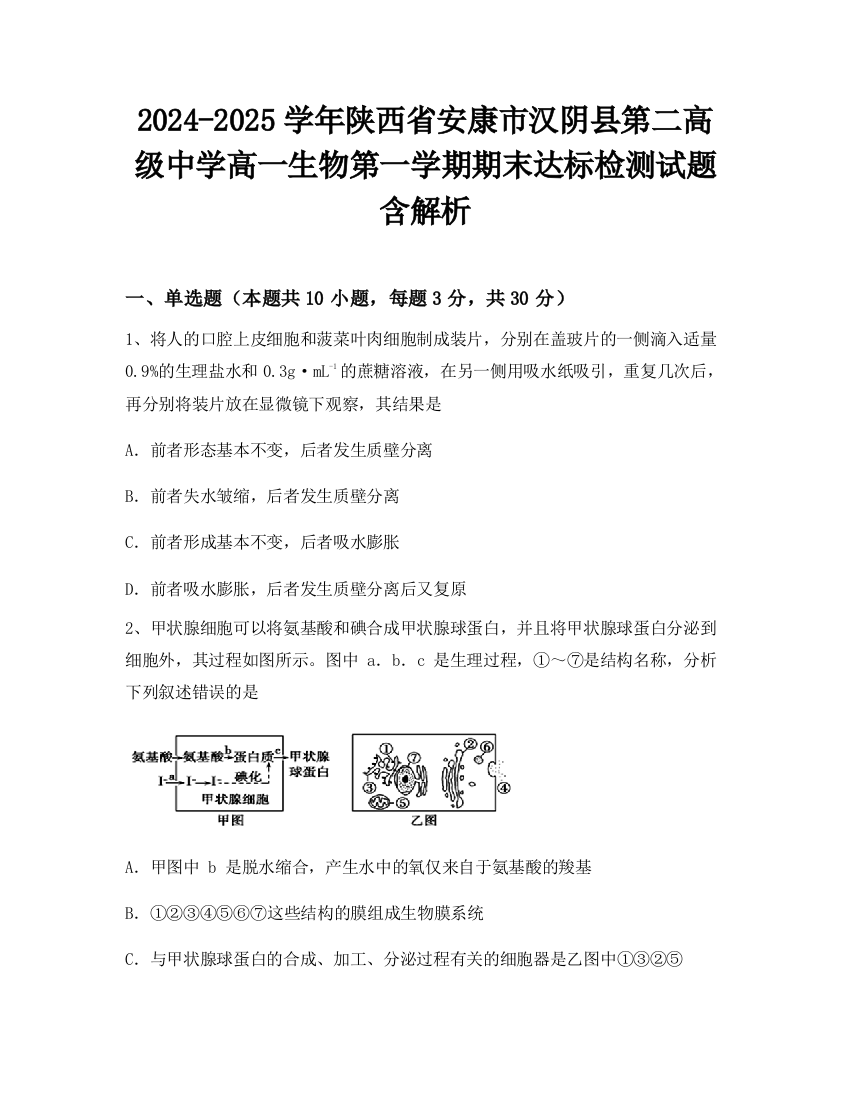 2024-2025学年陕西省安康市汉阴县第二高级中学高一生物第一学期期末达标检测试题含解析