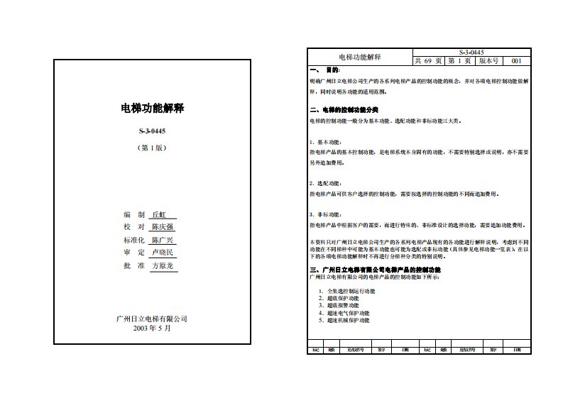 日立电梯功能解释