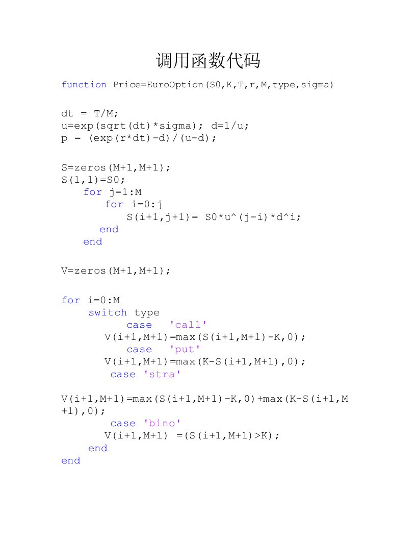 欧式期权二叉树定价MATLAB代码