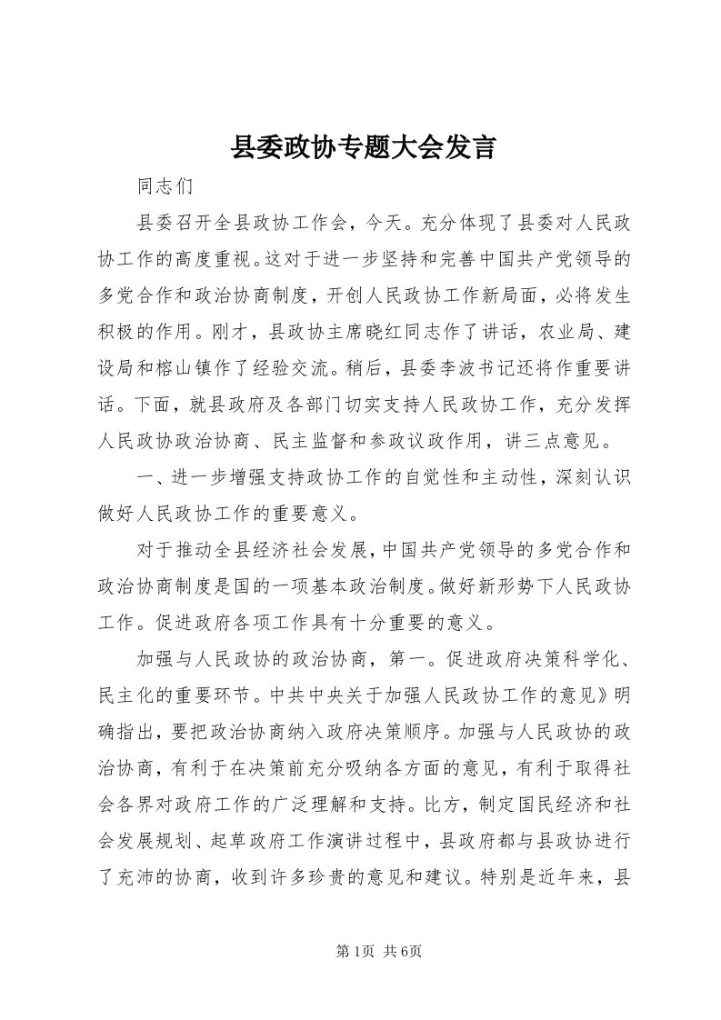 6县委政协专题大会讲话