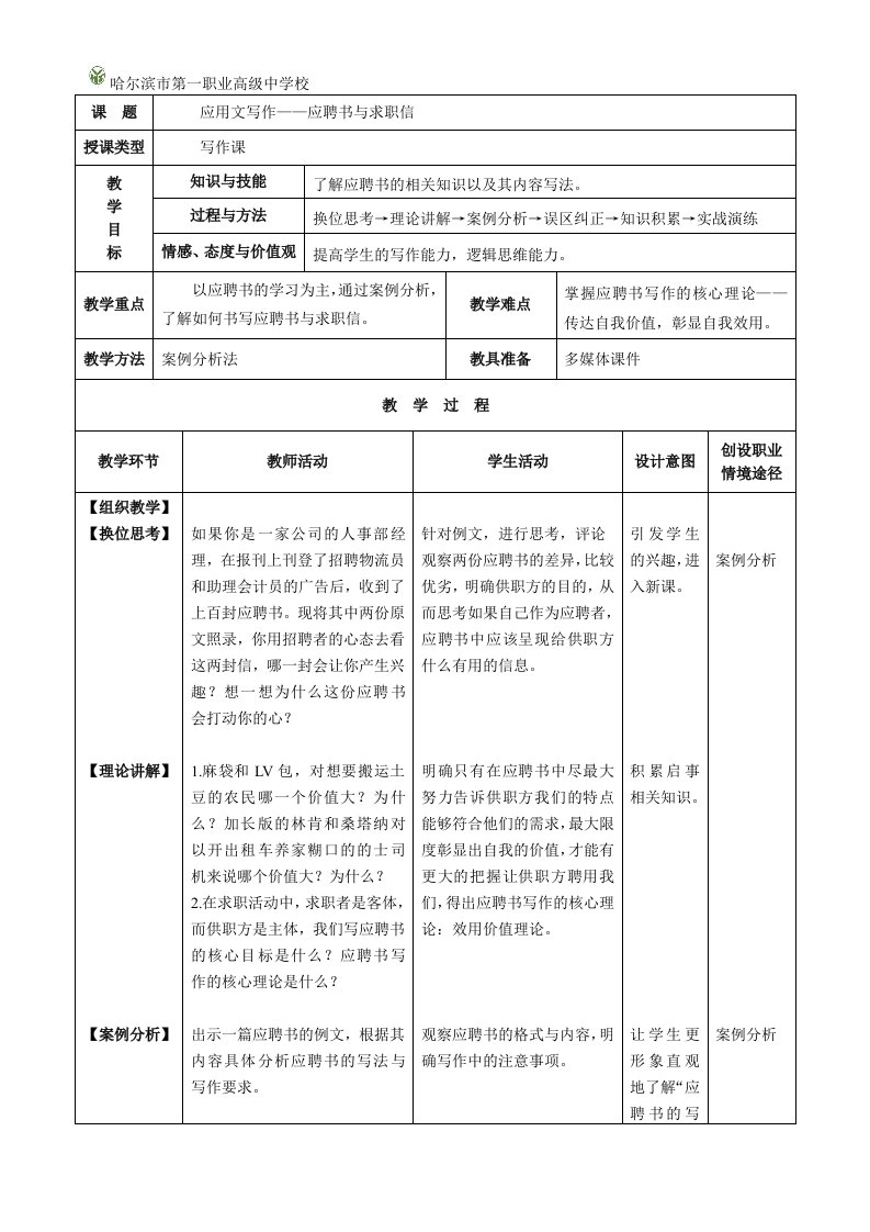 应用文写作——应聘书与求职信教案