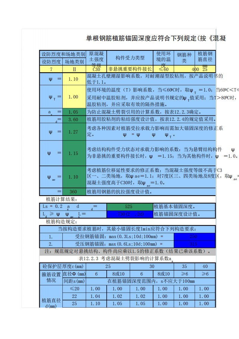 万能植筋锚固深度计算表