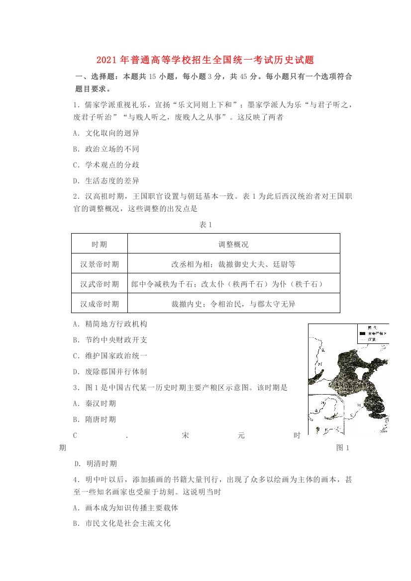 2021年普通高等学校招生全国统一考试历史试题（山东卷含答案）