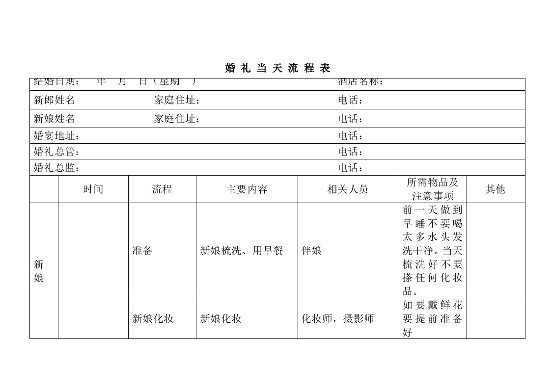 婚礼当天流程表(详细版)