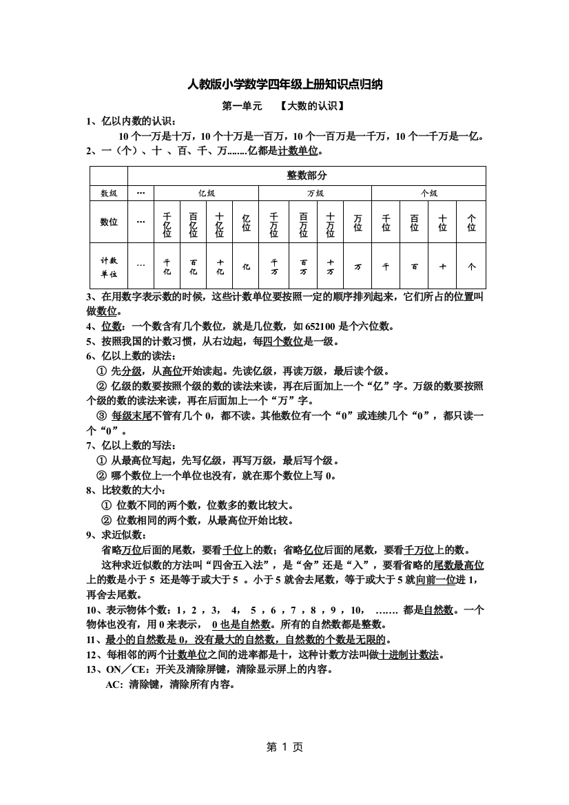 完整word版-新课标人教版小学四年级数学上册知识点归纳-推荐文档