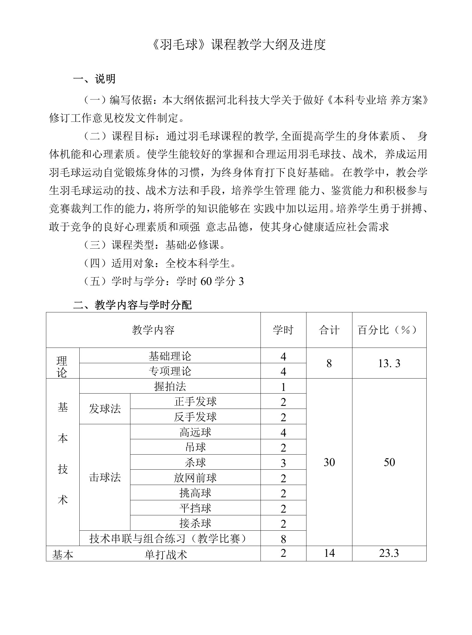 《羽毛球》课程教学大纲及进度