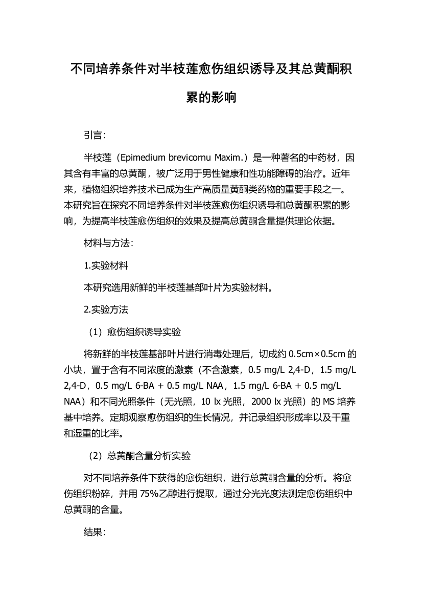 不同培养条件对半枝莲愈伤组织诱导及其总黄酮积累的影响