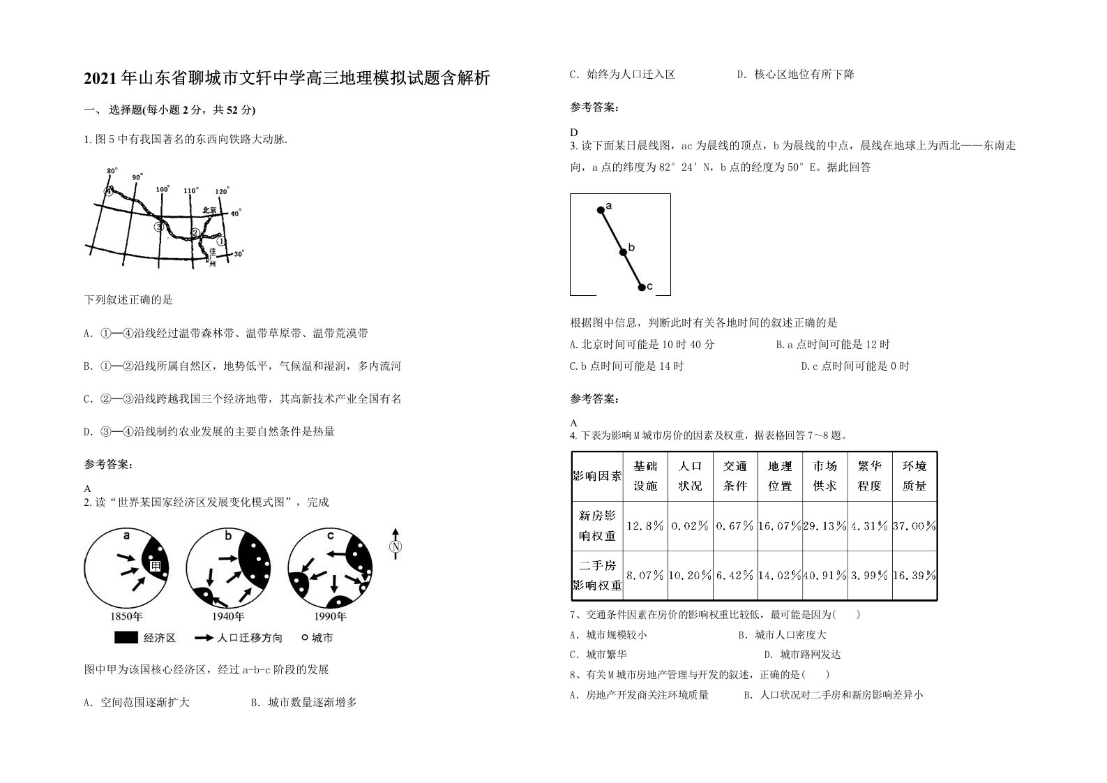 2021年山东省聊城市文轩中学高三地理模拟试题含解析