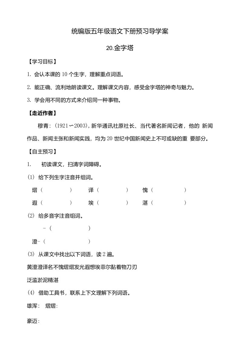 部编版语文五年级下册20金字塔同步导学案