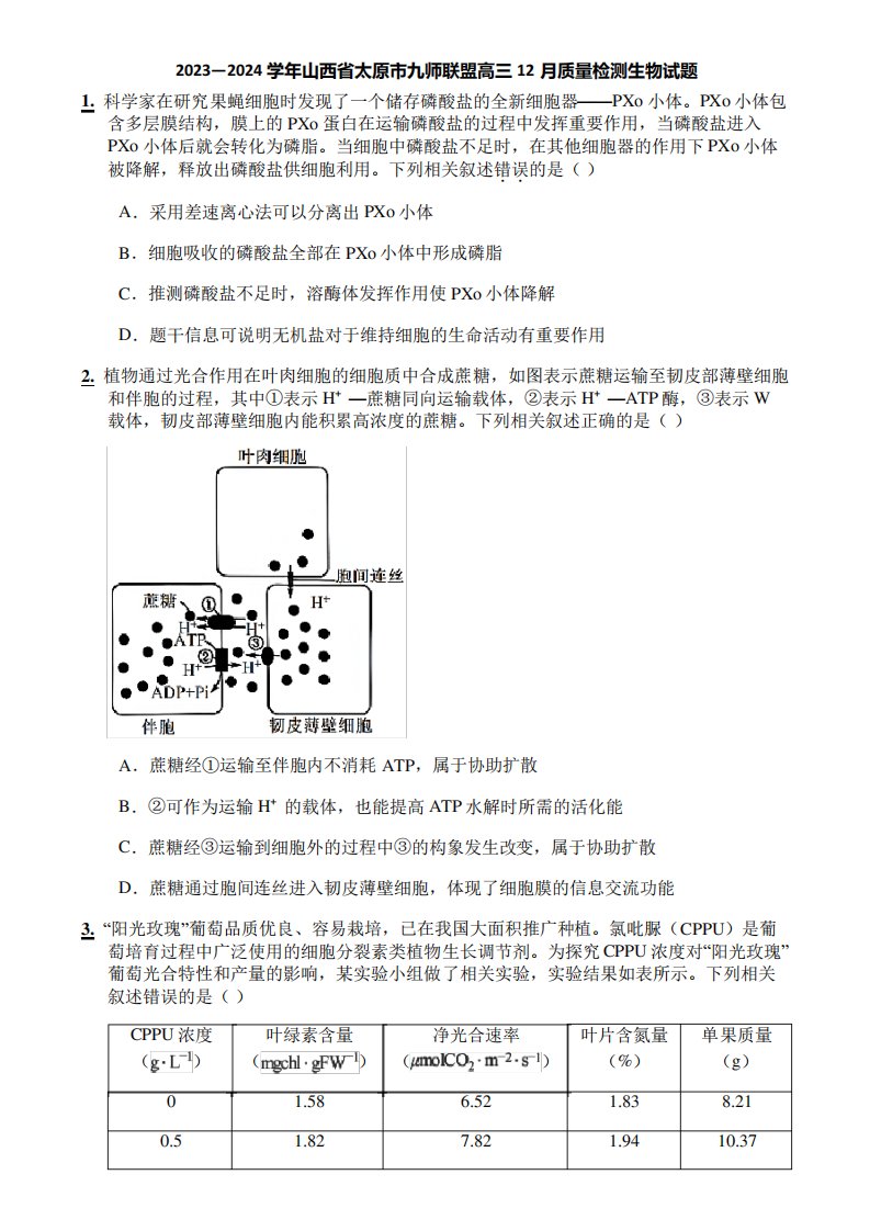 2023—2024学年山西省太原市九师联盟高三12月质量检测生物试题5126