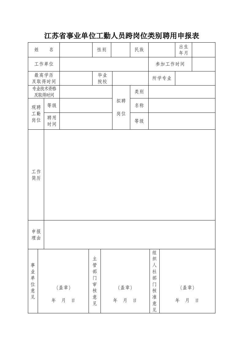 江苏省事业单位工勤人员跨岗位类别聘用申报表