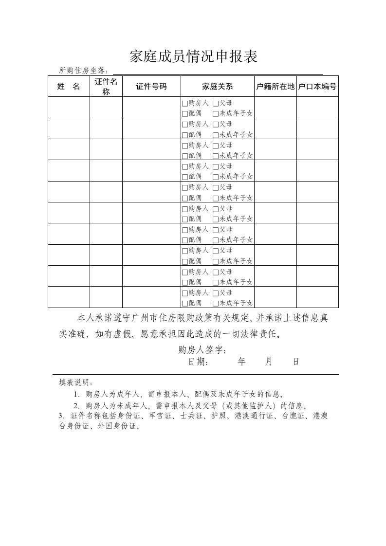 家庭成员情况申报表（填写示例）