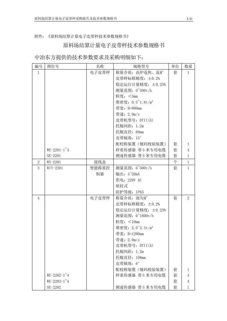 附件原料场结算计量电子皮带秤技术参数规格书