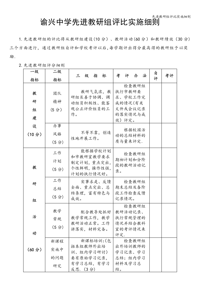 先进教研组评比实施细则