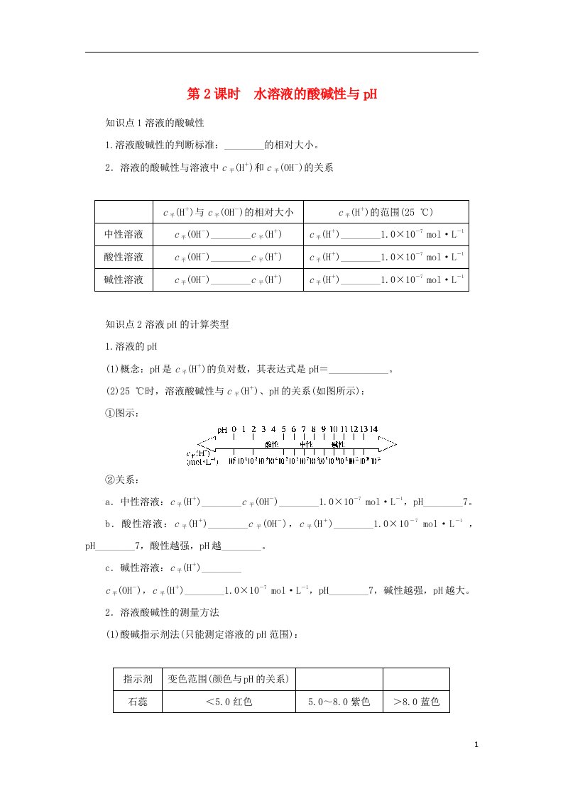 2023版新教材高中化学第3章物质在水溶液中的行为第1节水与水溶液第2课时水溶液的酸碱性与pH知识手册鲁科版选择性必修1