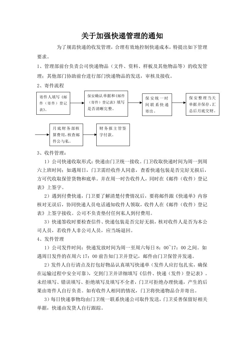 关于公司收发快递管理要求的通知