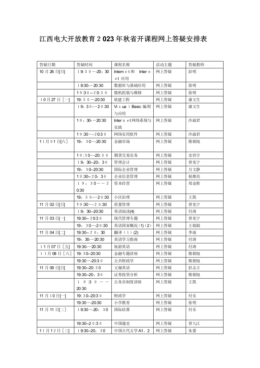 2023年江西电大开放教育秋省开课程网上答疑安排表