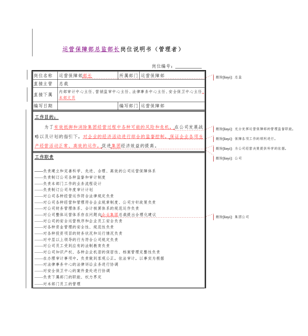 运营保障部部长岗位说明书