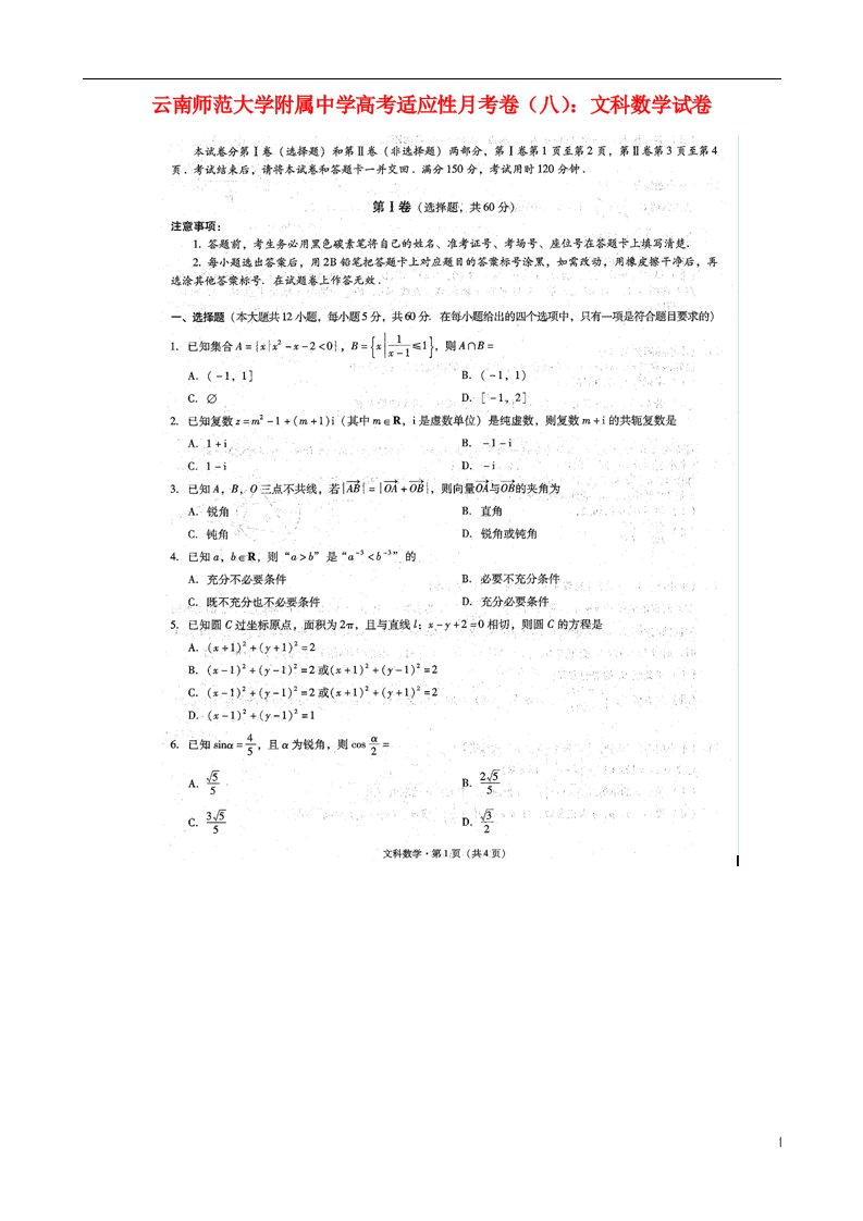 云南省师范大学附属中学高三数学适应性月考试题（八）文（扫描版）