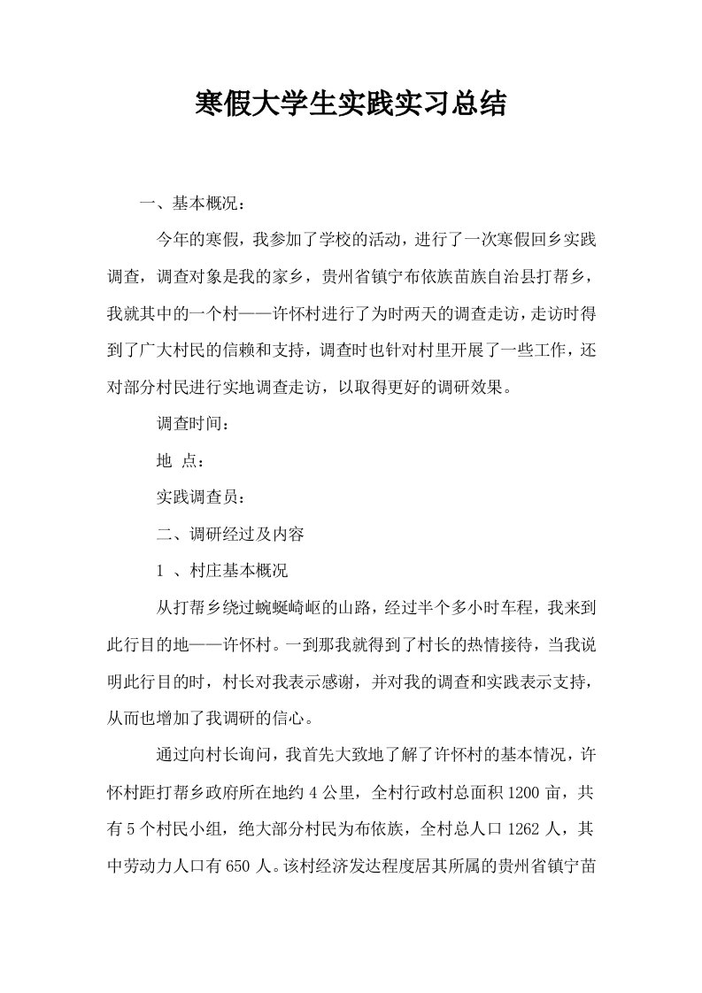 寒假大学生实践实习总结