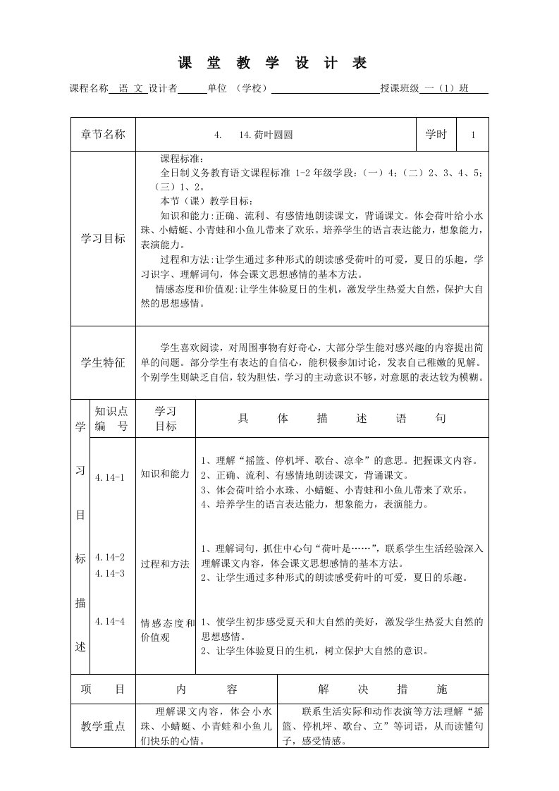 模板-教学流程图示例《荷叶圆圆》课堂教学设计表