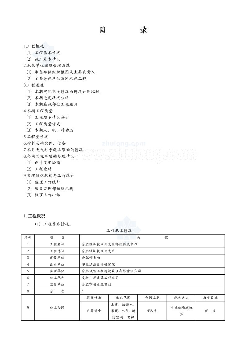 安徽办公楼工程监理月报示例