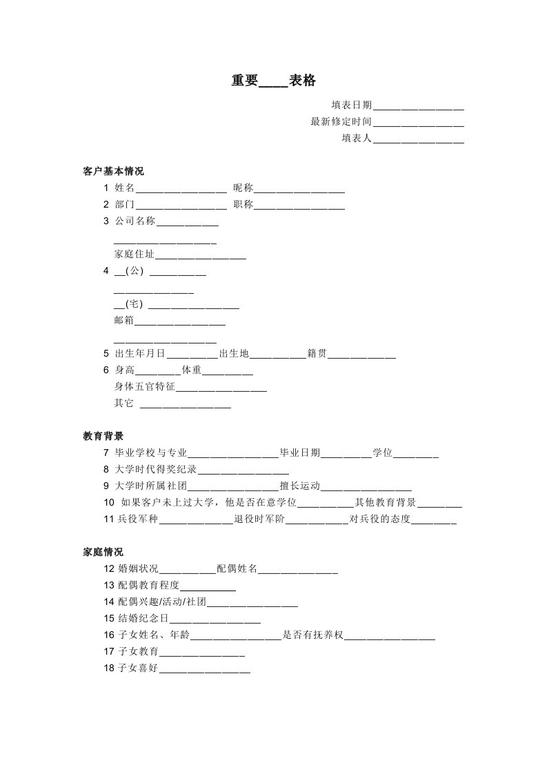 VIP重要客户资料信息表格