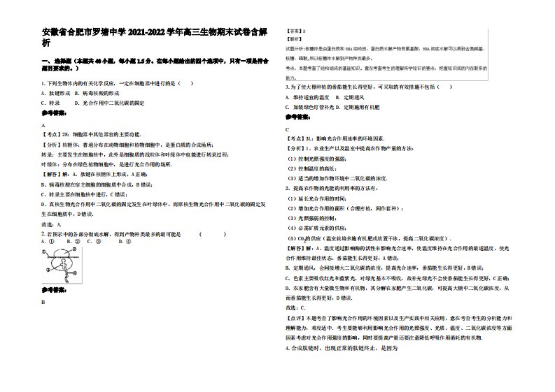 安徽省合肥市罗塘中学2021-2022学年高三生物期末试卷含解析