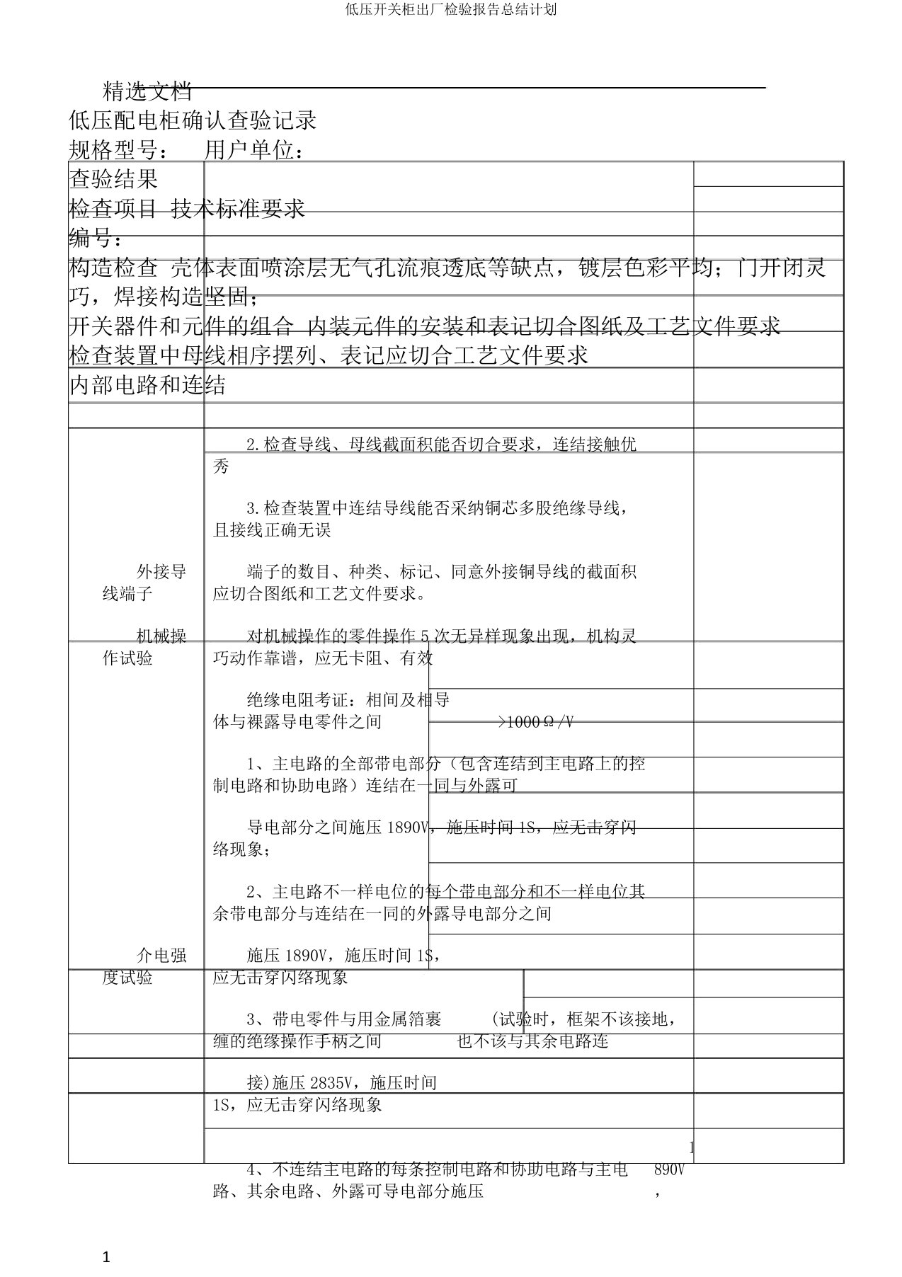 低压开关柜出厂检验报告总结计划