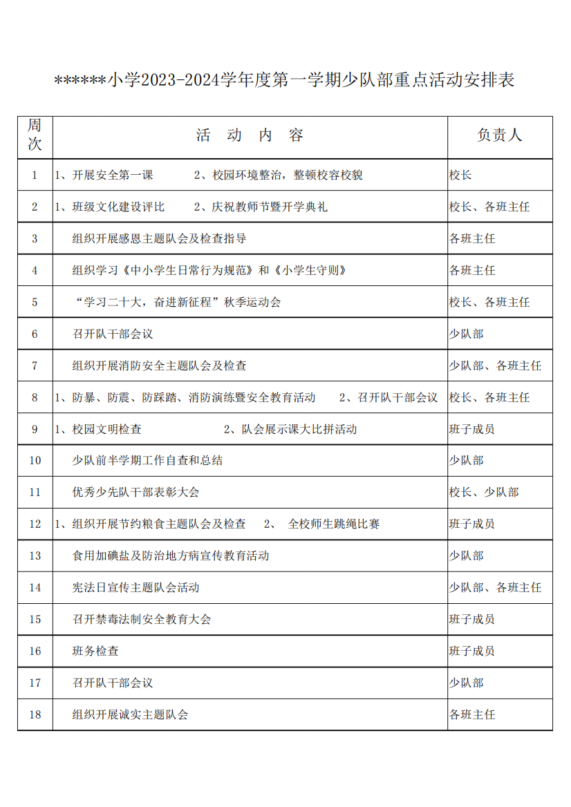 2023-2024学年度第一学期少先队重点活动安排表