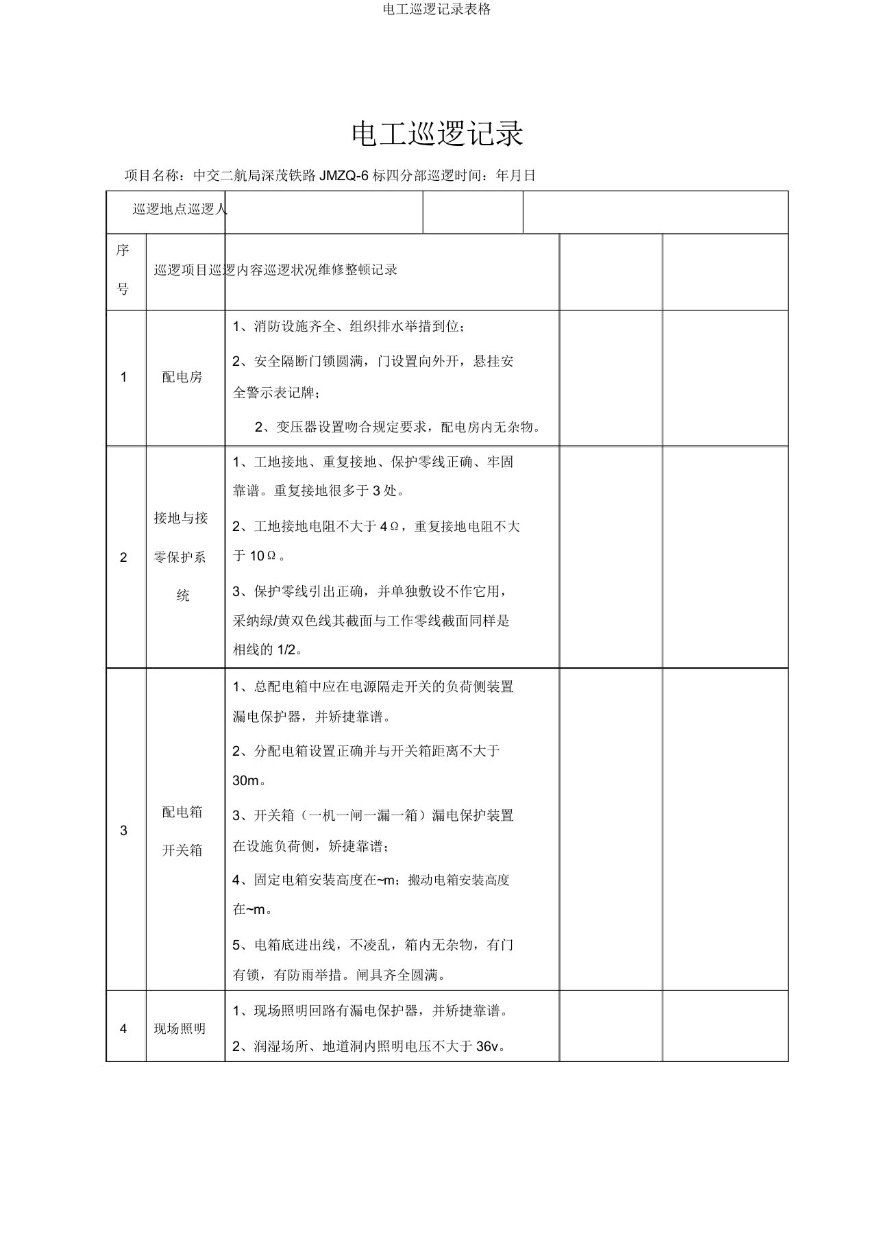 电工巡查记录表格