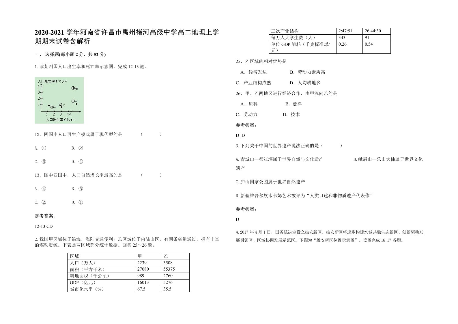 2020-2021学年河南省许昌市禹州褚河高级中学高二地理上学期期末试卷含解析