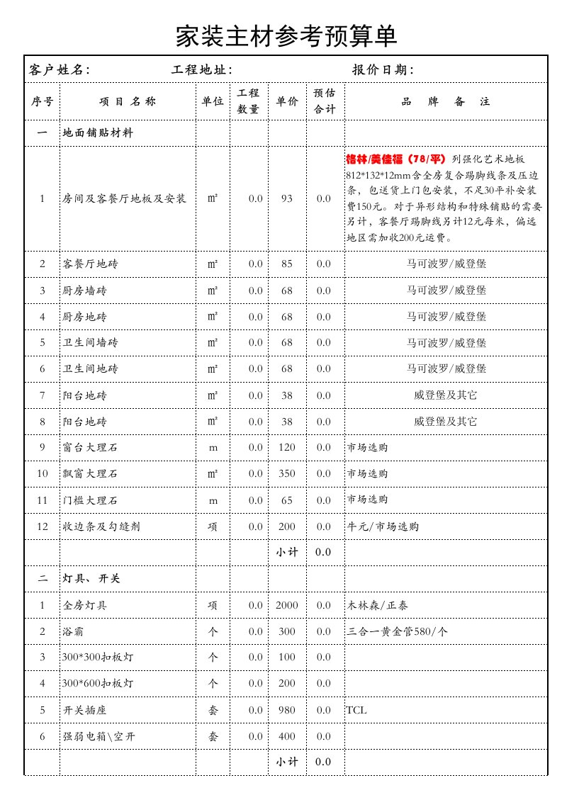 家装主材预算清单