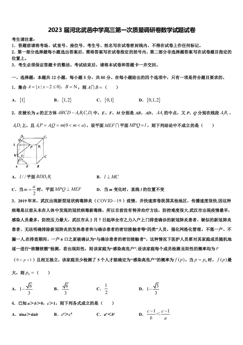 2023届河北武邑中学高三第一次质量调研卷数学试题试卷含解析