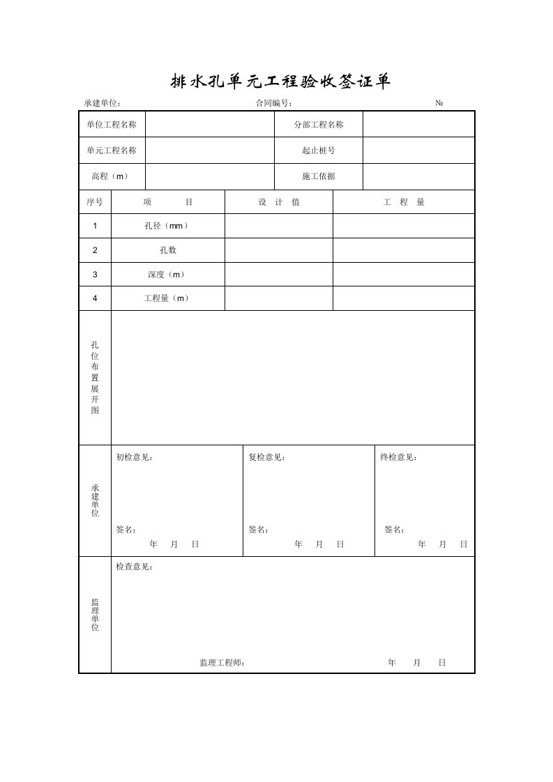 给排水工程-成都某路桥公司施工文档之排水孔单元工程验收签证单