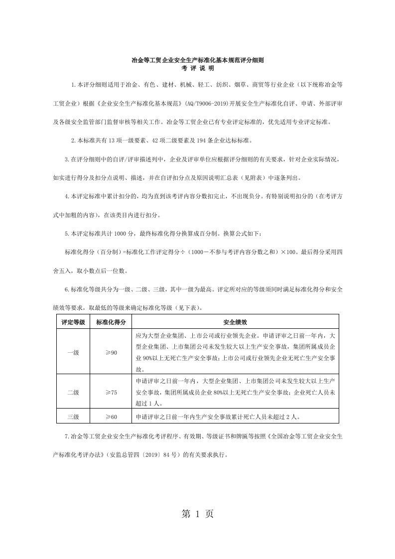 工贸行业安全标准化考核评级标准