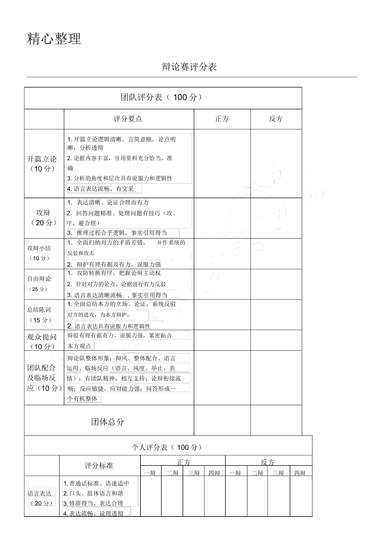 辩论赛评分表格模板(完整版)