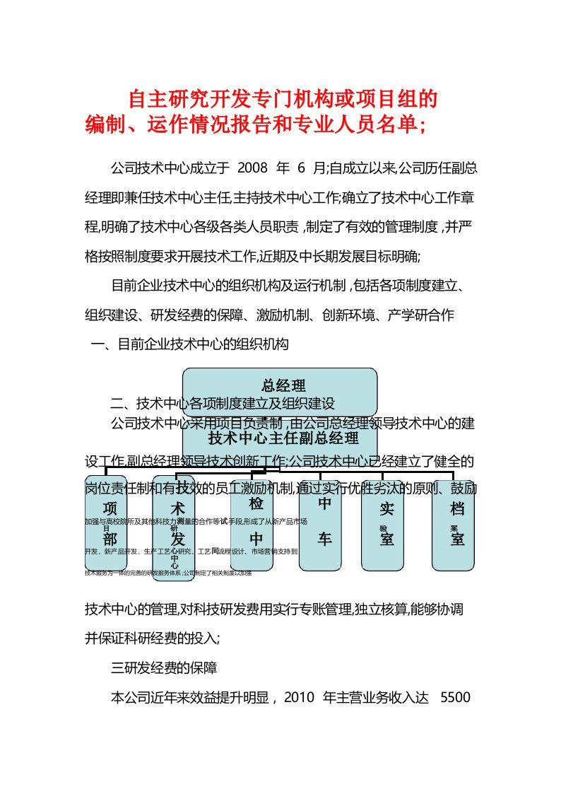 自主研究开发专门机构或项目组的编制