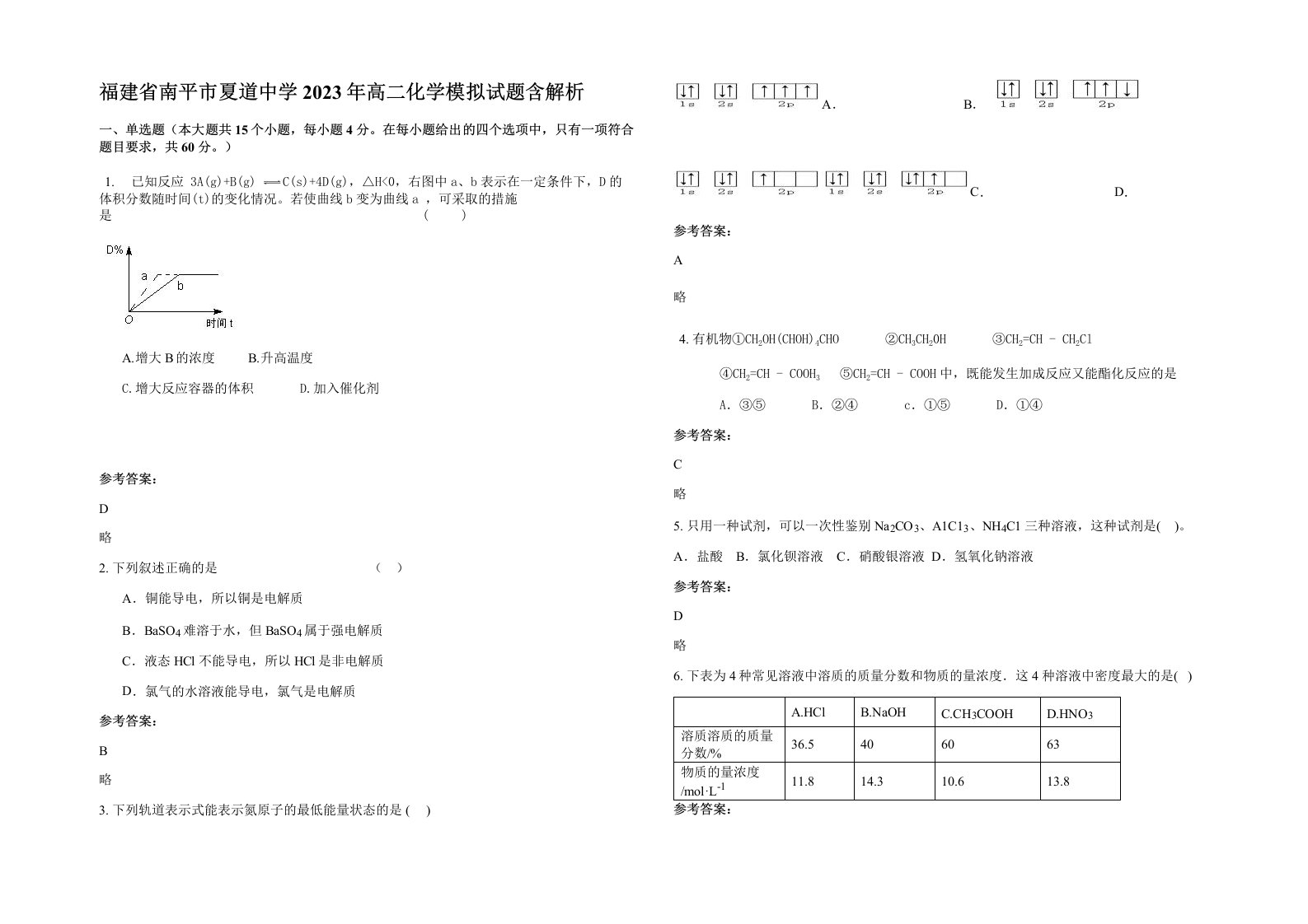 福建省南平市夏道中学2023年高二化学模拟试题含解析