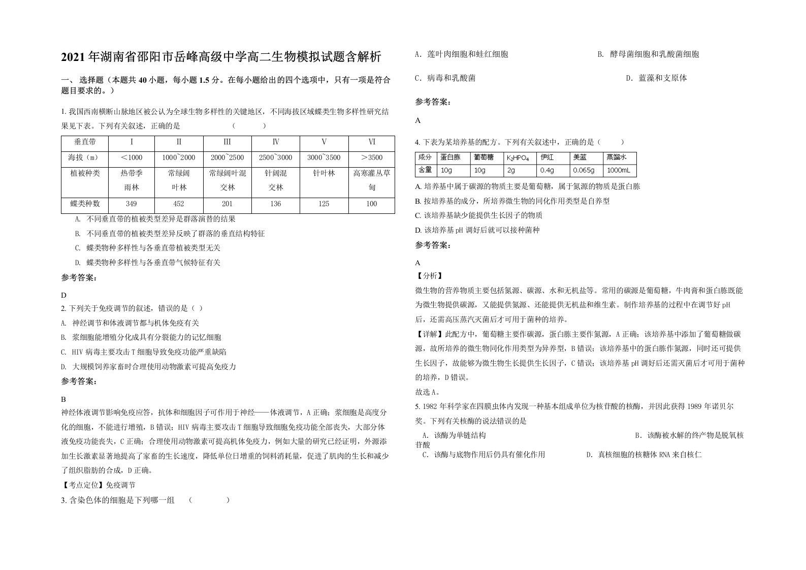 2021年湖南省邵阳市岳峰高级中学高二生物模拟试题含解析