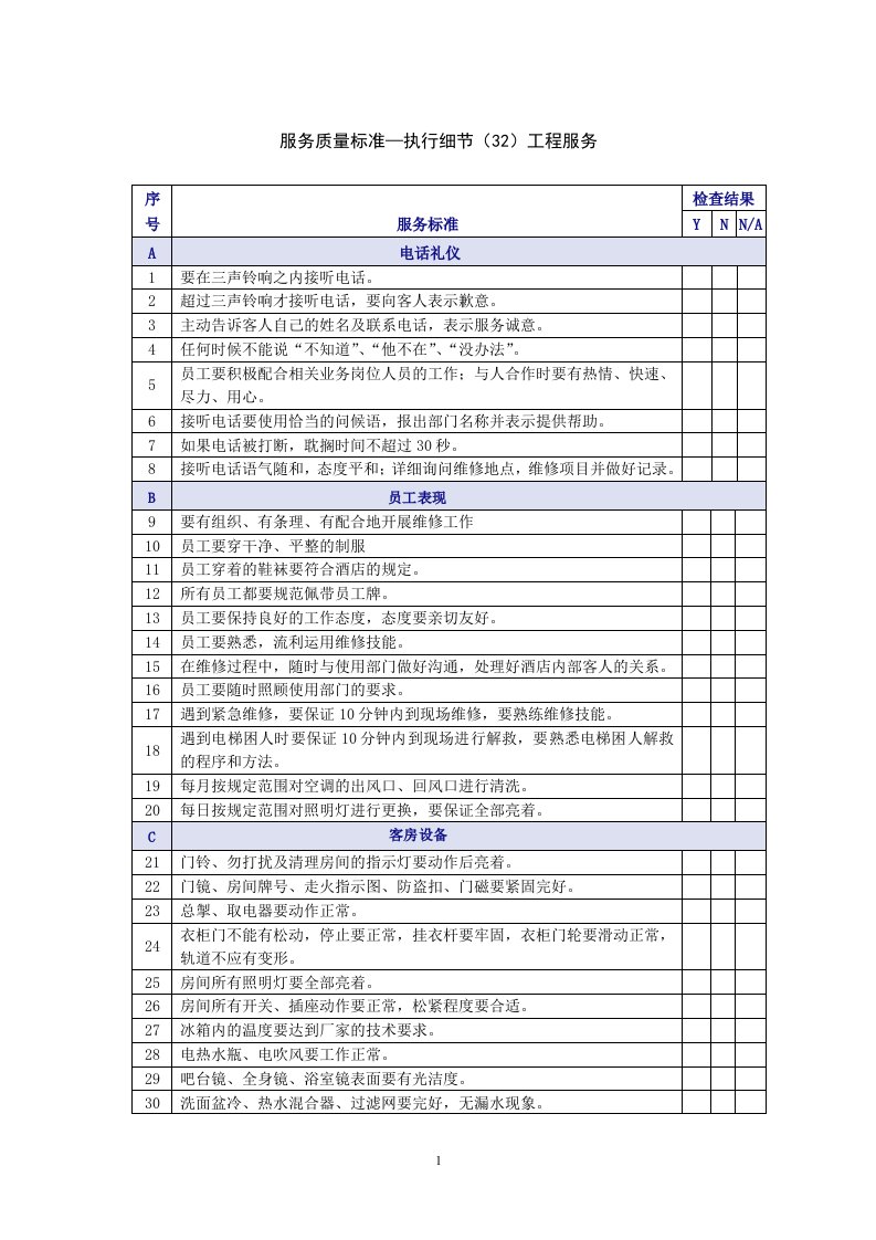 酒店工程部服务质量标准