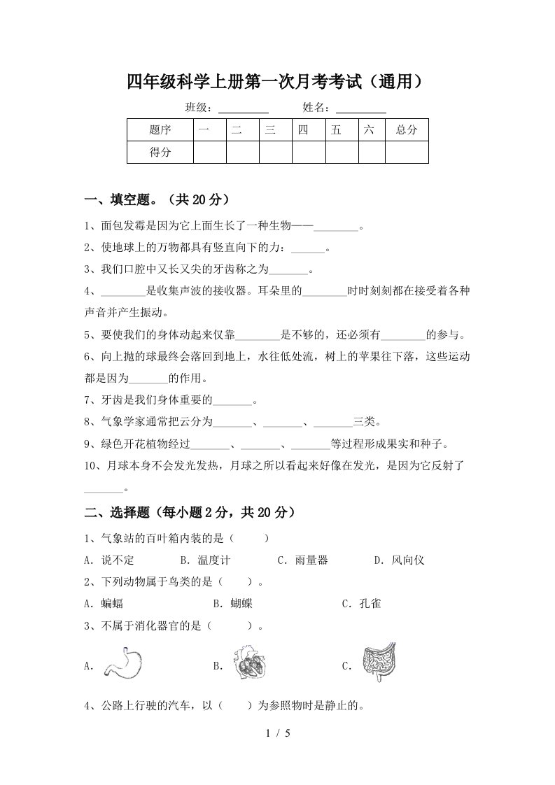 四年级科学上册第一次月考考试通用