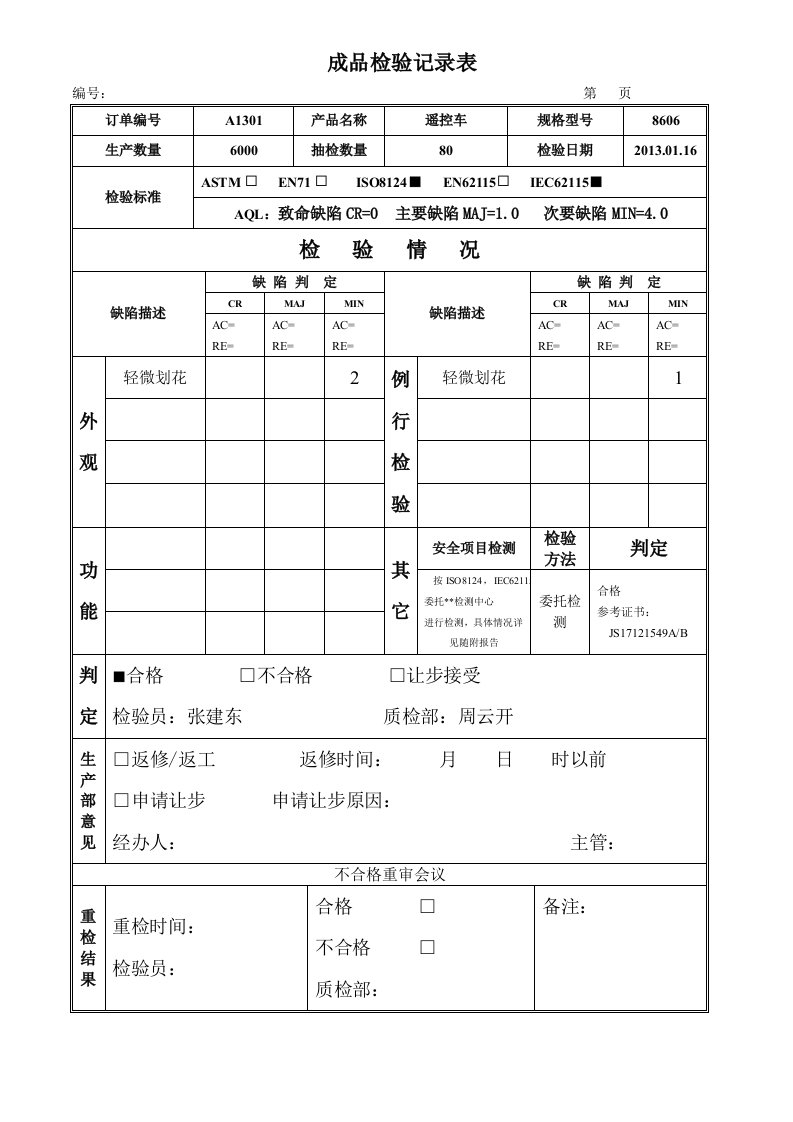 成品检验记录表