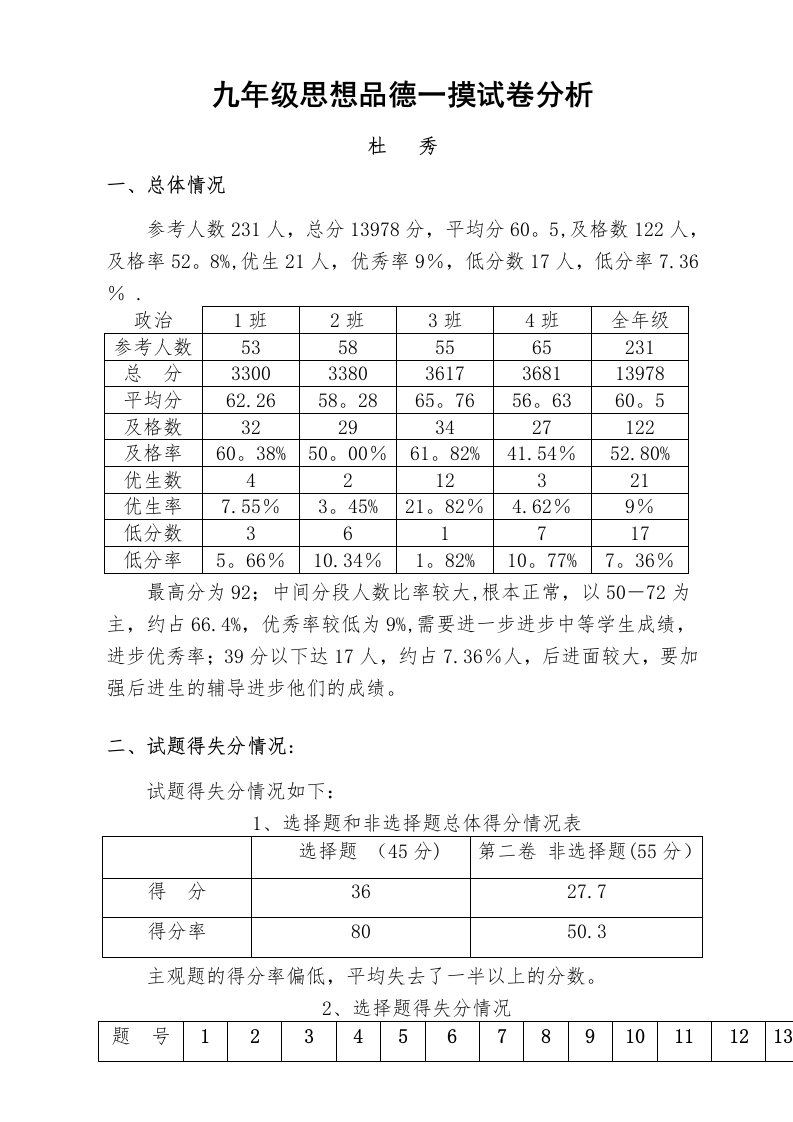 九年级思想品德一摸试卷分析