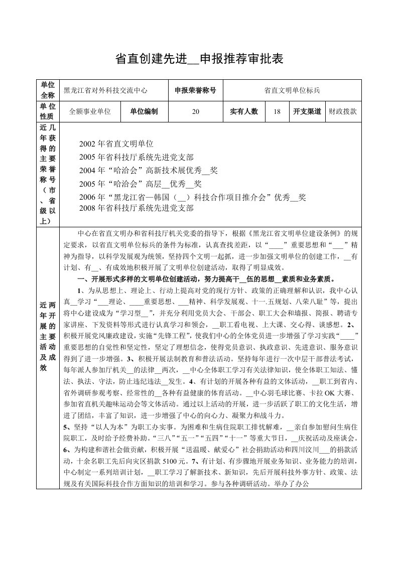 省直创建先进集体申报推荐审批表(改2)