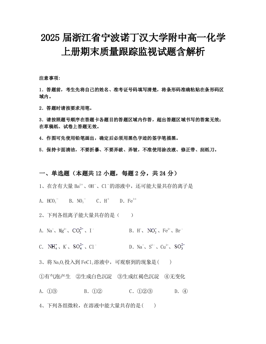 2025届浙江省宁波诺丁汉大学附中高一化学上册期末质量跟踪监视试题含解析